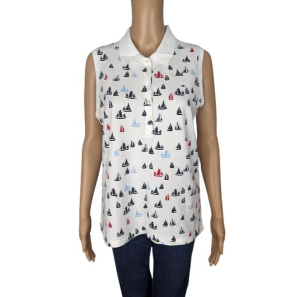 Tommy Hilfiger Bright White & Navy Sailboat Sleeveless Polo M